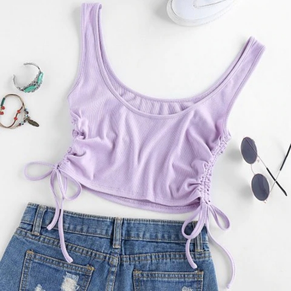 Cinched U Neck Ribbed Lilac Crop Top - Picture 7 of 9